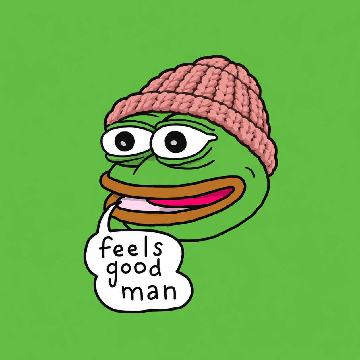 Green frog character wearing a pink knit hat